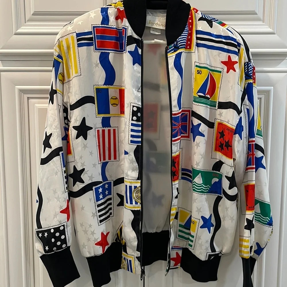 Vintage Jordana Stamps Flags Zip Up Jacket Elastic Waist Blouse Small